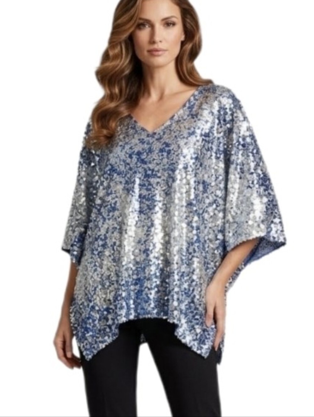 Reba Top V-Neck Winter Jewels Shimmer Poncho Style Pullover Blue Size M